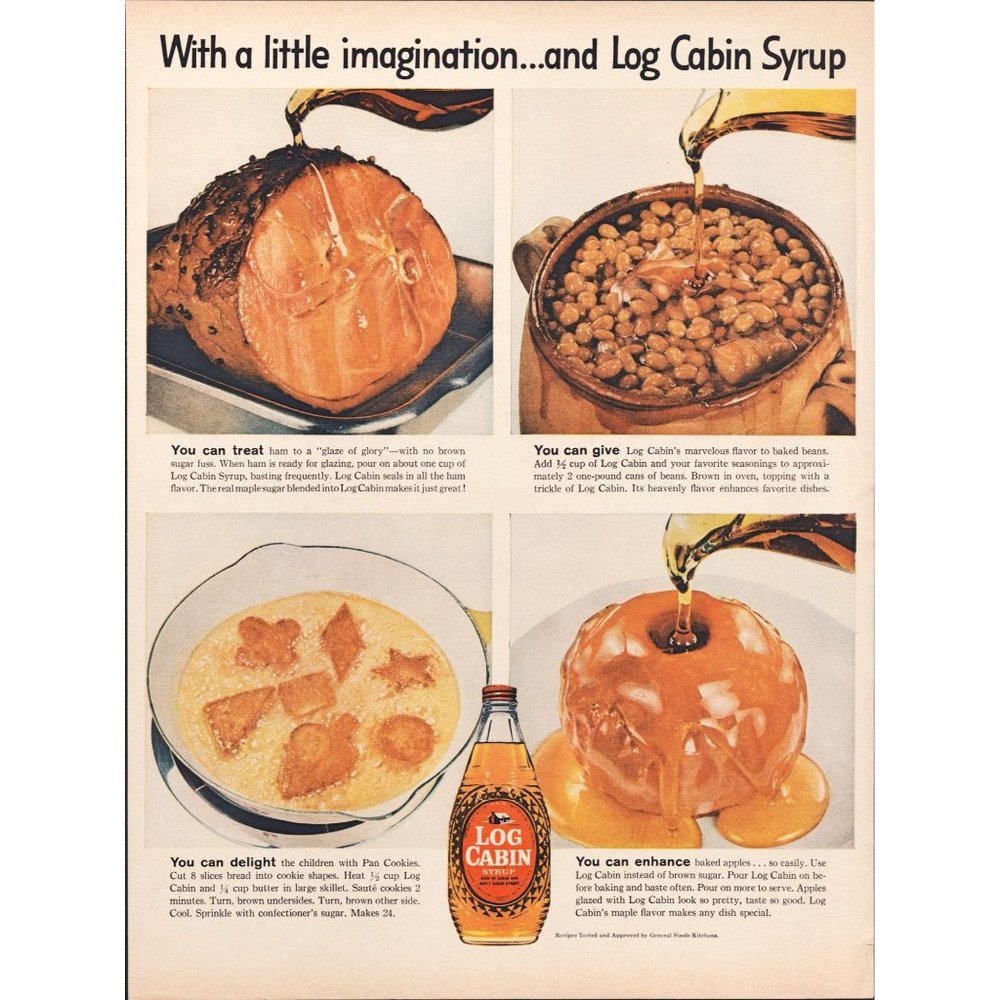1959 Log Cabin Syrup Vintage Print Ad Glazed Ham Baked Apple Beans Home Cooking